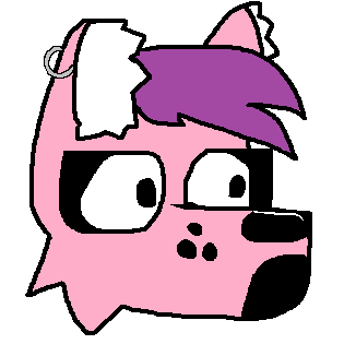 An image of a poorly drawn pink fox head with purple hair doing the Pogchamp meme.